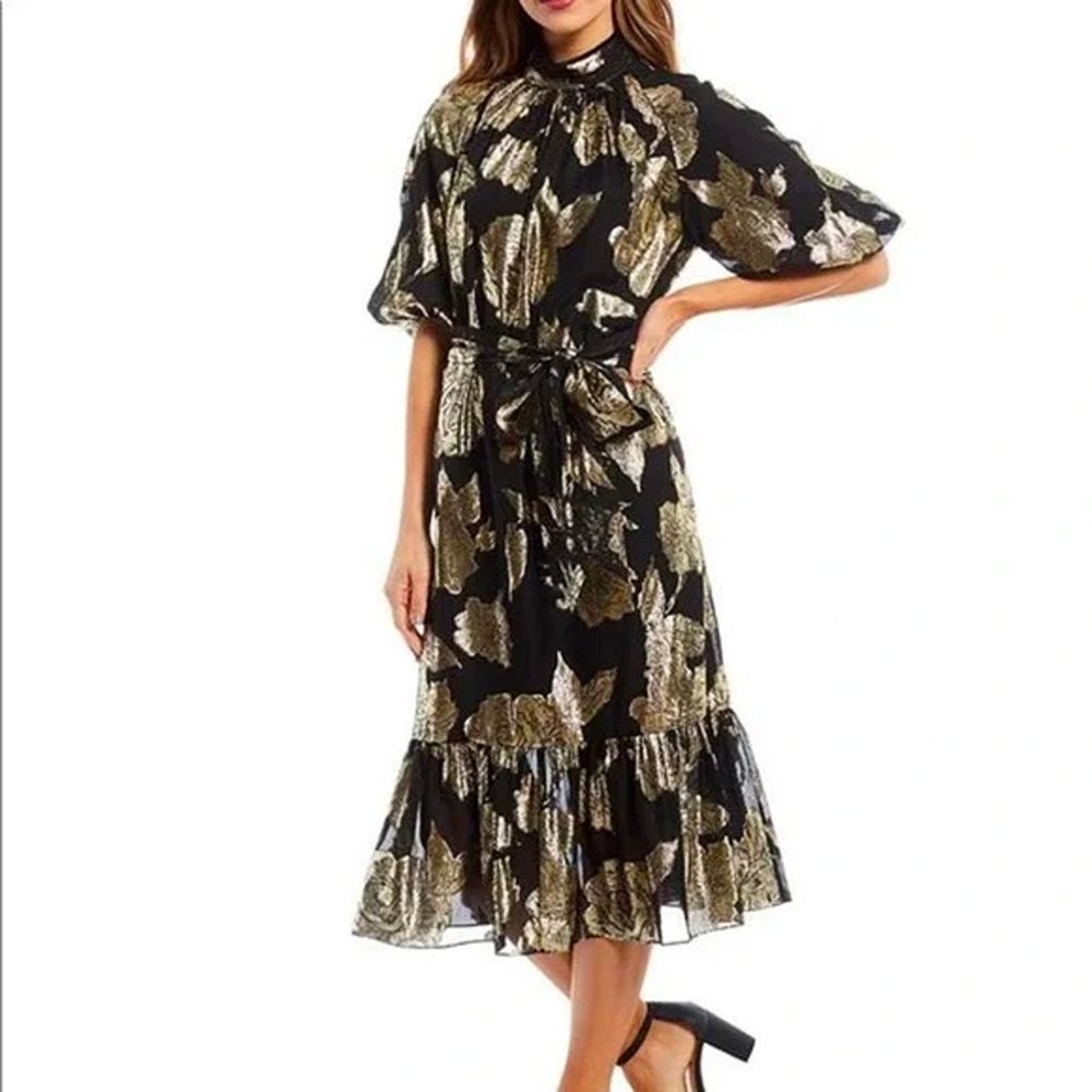 Alex Marie Black Gold Mock Neck Puff Sleeve Midi Dress Belted Pockets Cocktail
